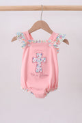 Pink floral cross embroidery ruffle bubble