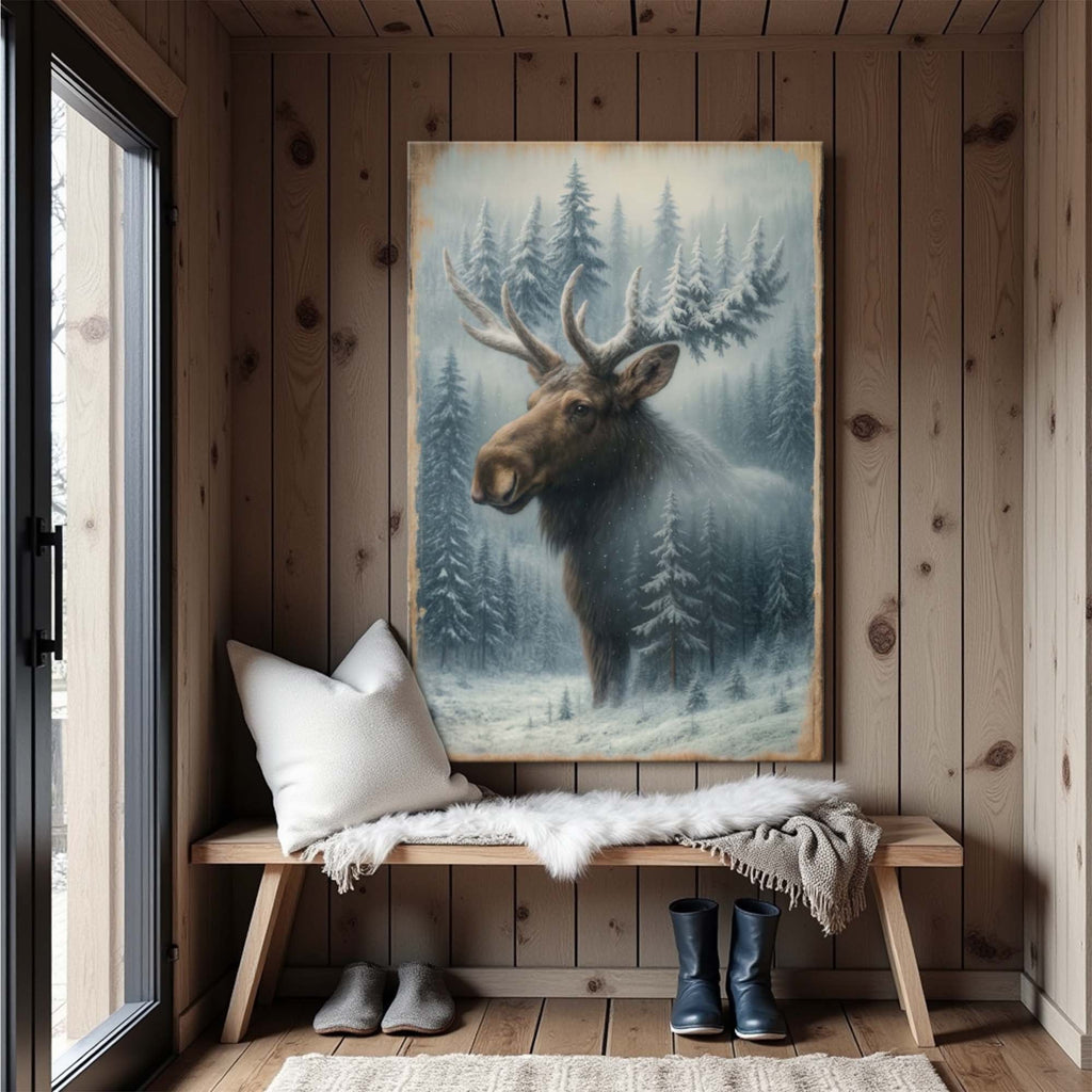 Arte de pared de doble exposición de alces en bosque nevado