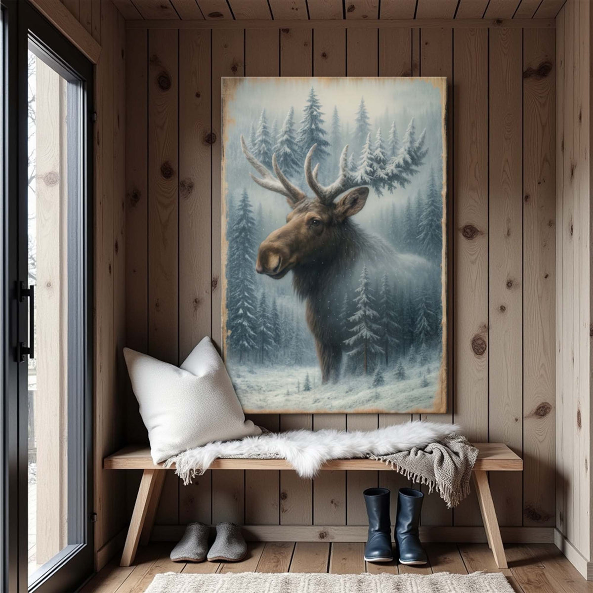 Arte de pared de doble exposición de alces en bosque nevado
