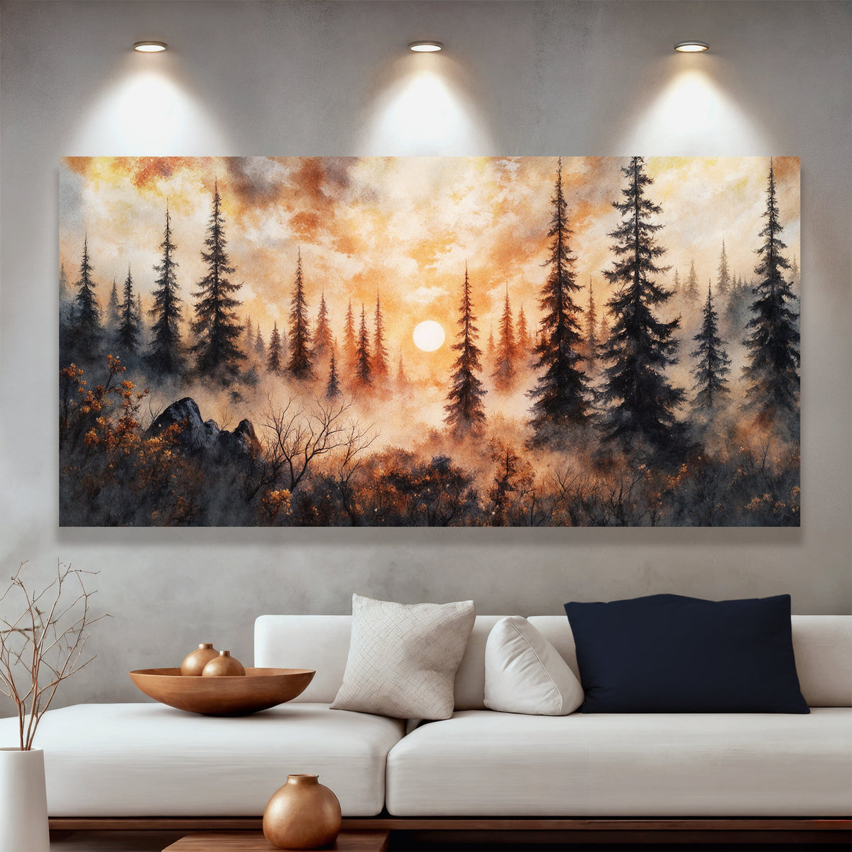Arte de pared rústico de bosque al atardecer