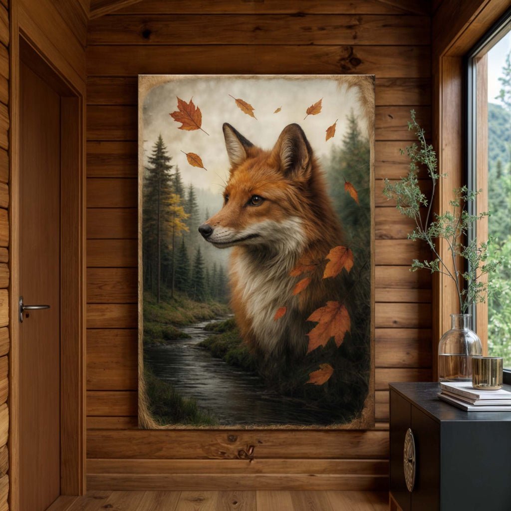 Arte de pared de doble exposición Zorro de otoño