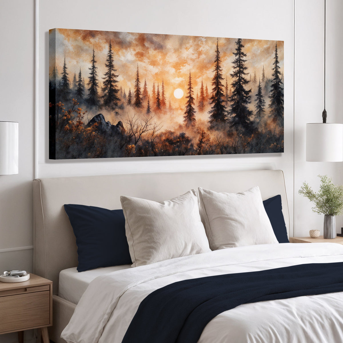 Arte de pared rústico de bosque al atardecer