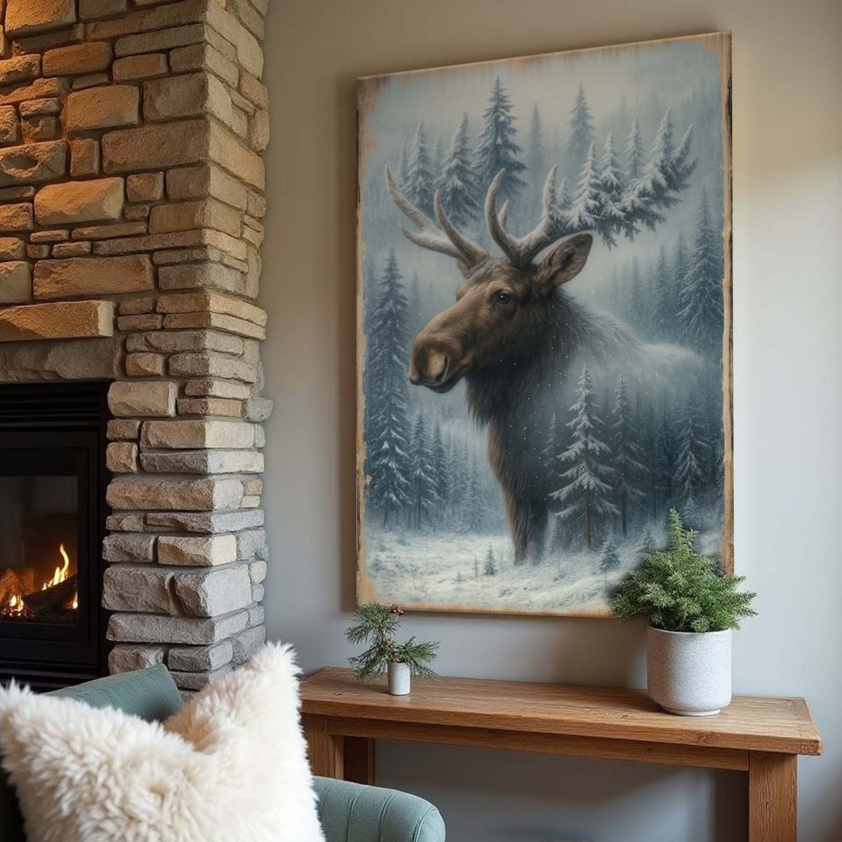 Arte de pared de doble exposición de alces en bosque nevado