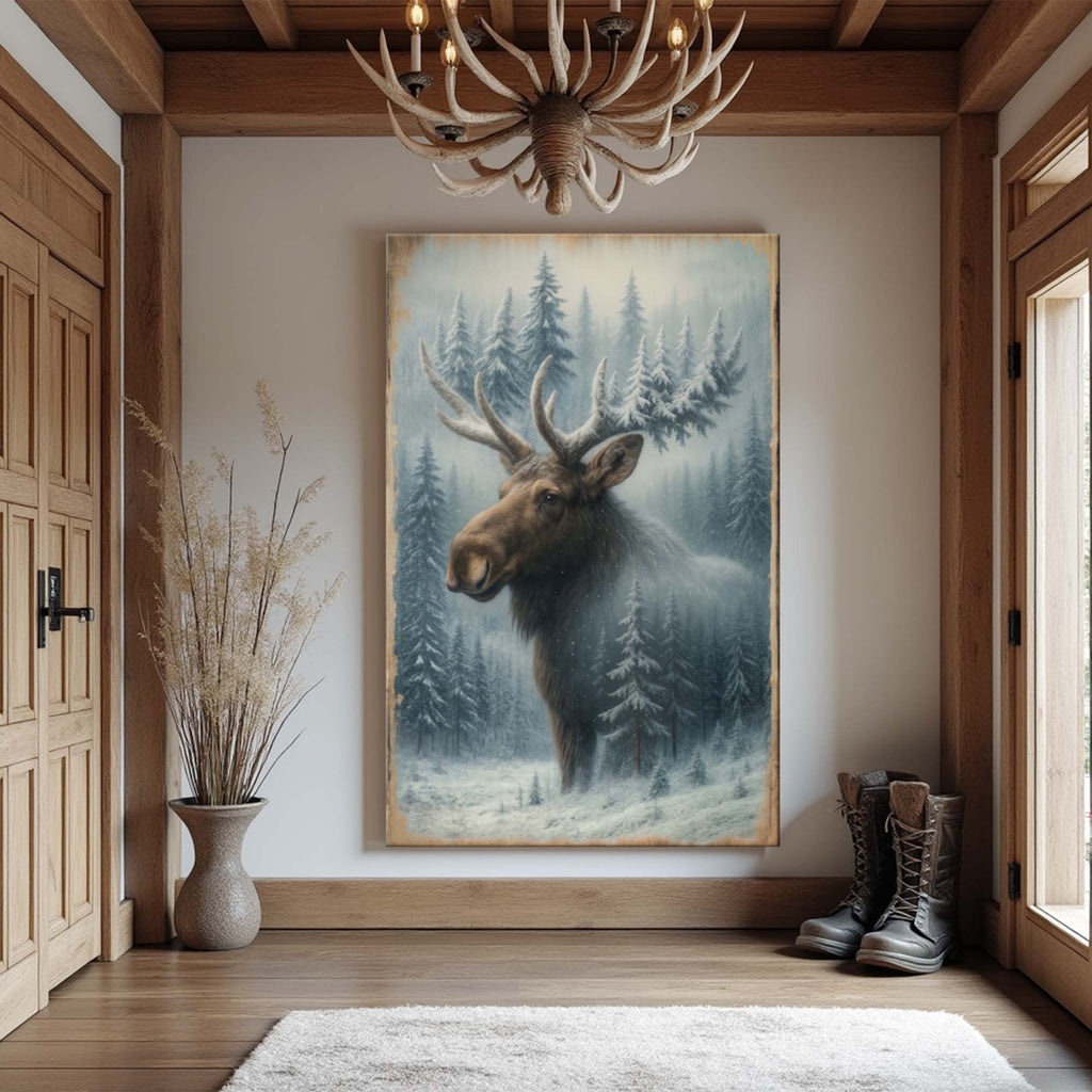 Arte de pared de doble exposición de alces en bosque nevado