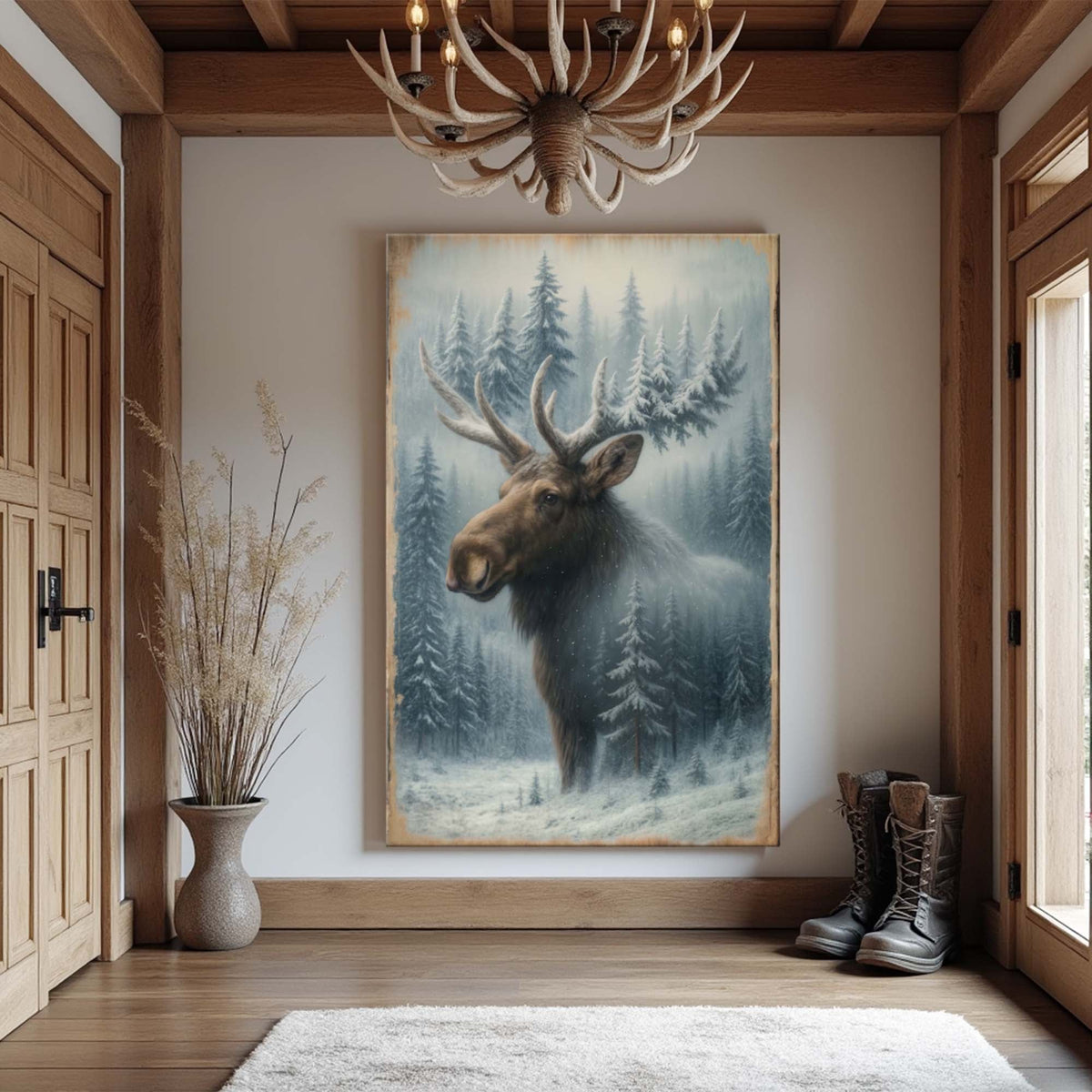 Arte de pared de doble exposición de alces en bosque nevado