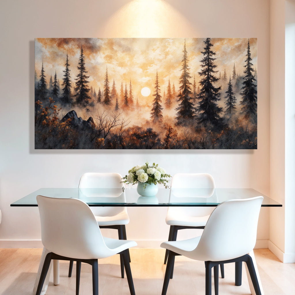 Arte de pared rústico de bosque al atardecer