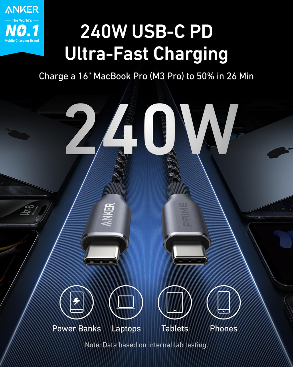 Cable USB-C a USB-C Anker Prime (240 W, trenzado con materiales reciclados)