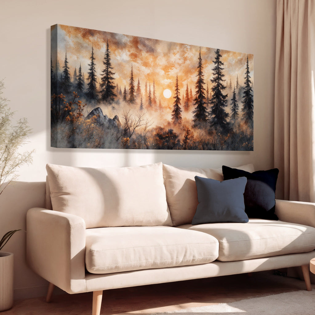 Arte de pared rústico de bosque al atardecer