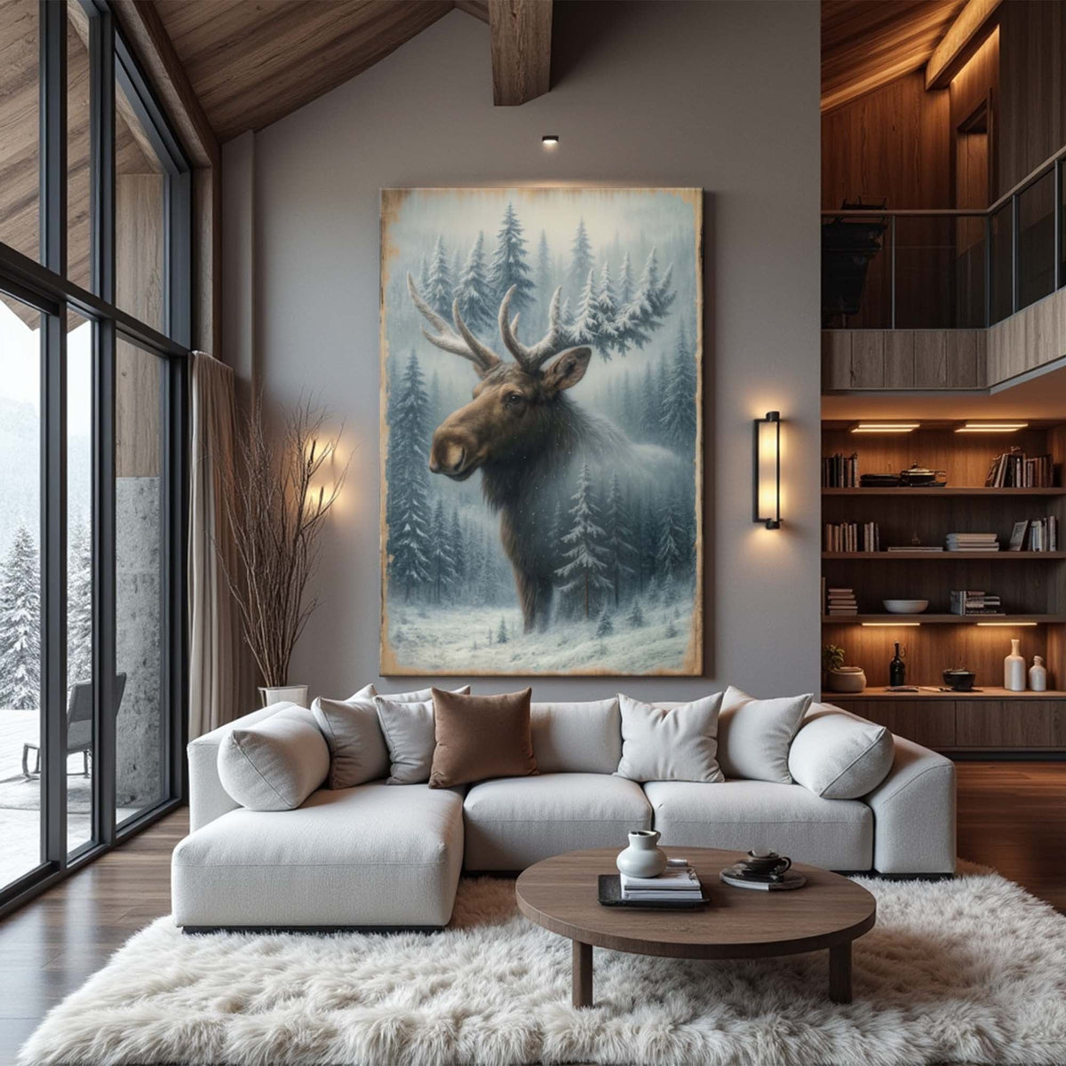Arte de pared de doble exposición de alces en bosque nevado