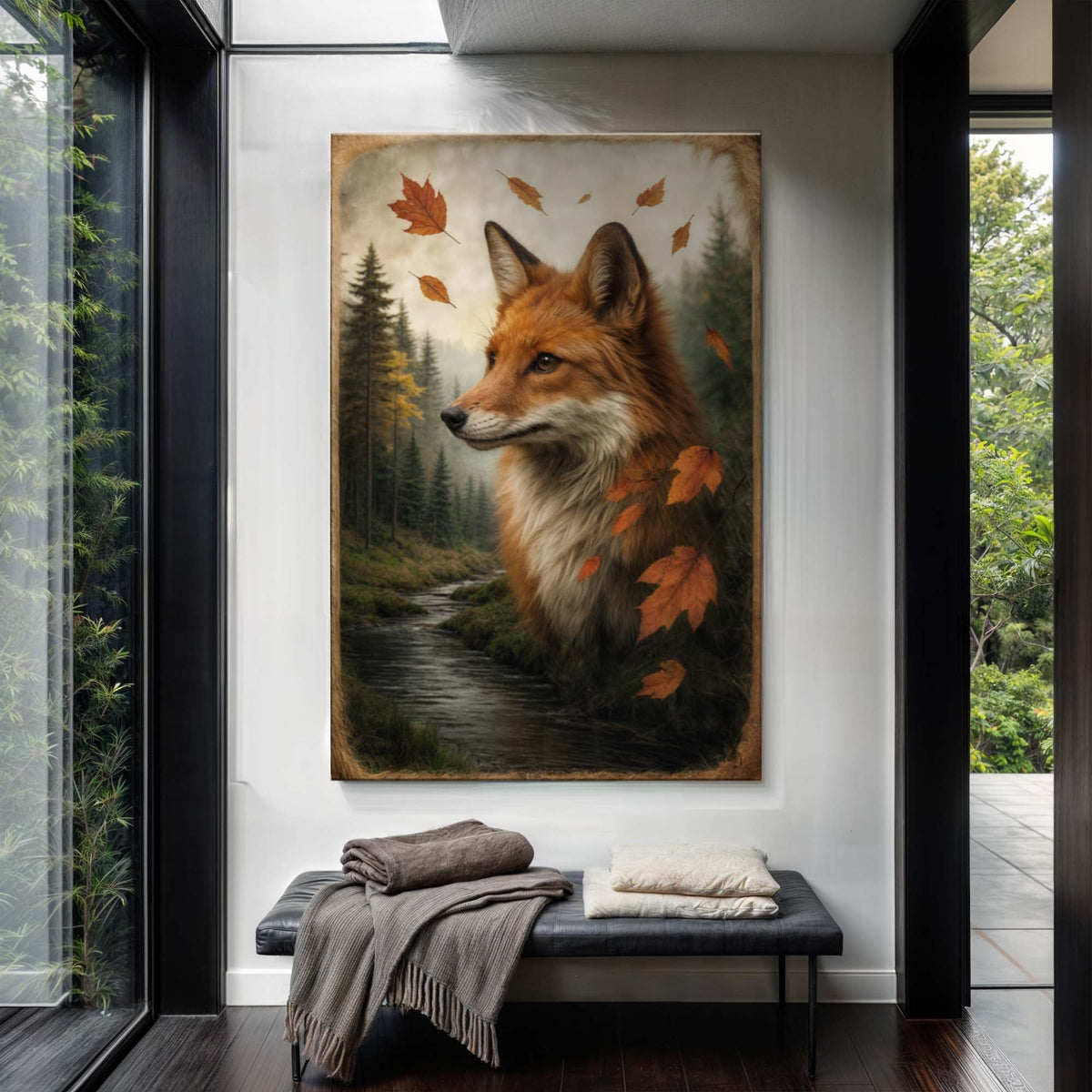 Arte de pared de doble exposición Zorro de otoño