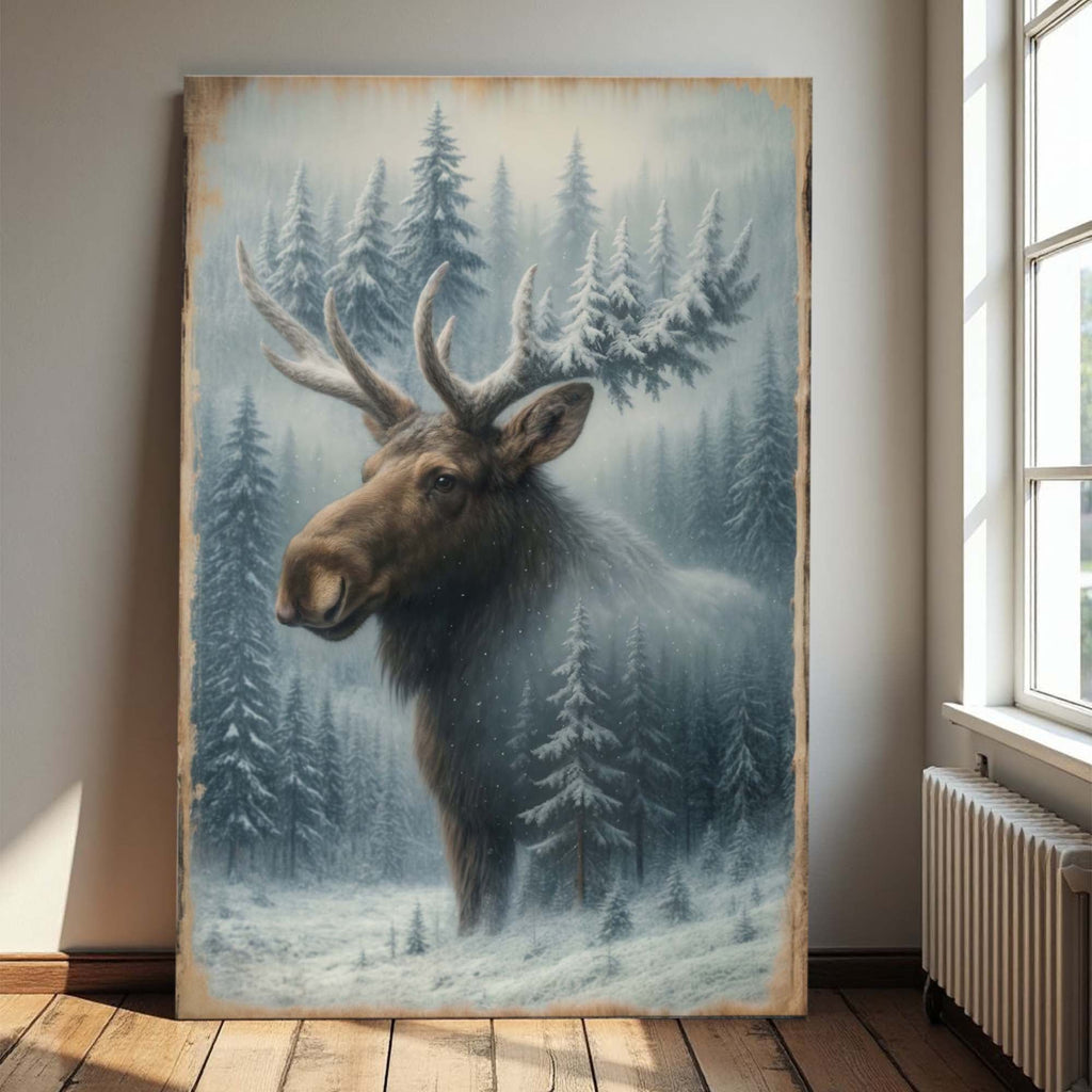 Arte de pared de doble exposición de alces en bosque nevado