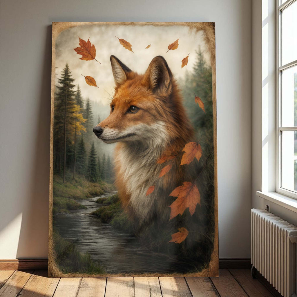 Arte de pared de doble exposición Zorro de otoño