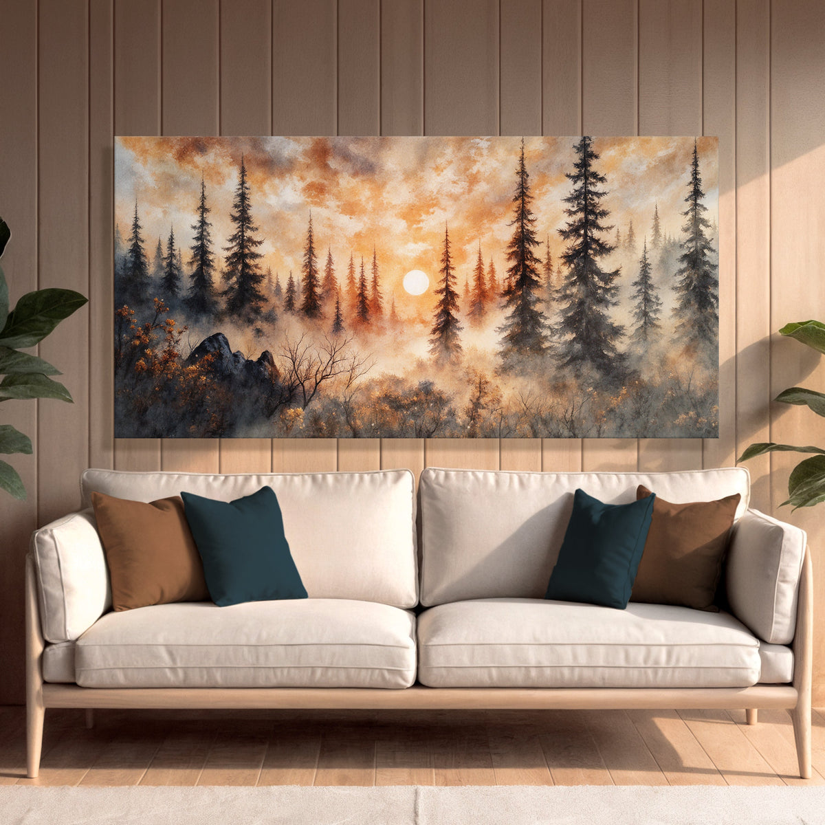 Arte de pared rústico de bosque al atardecer