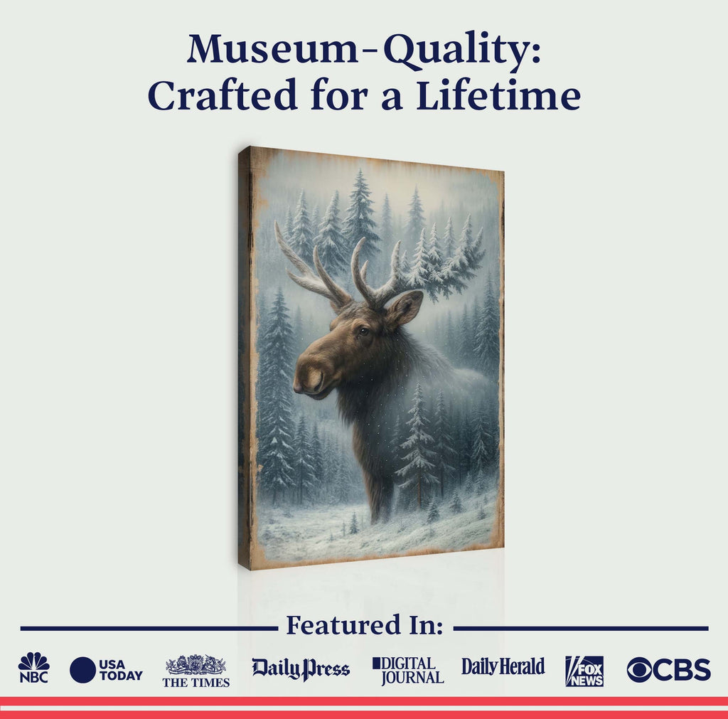 Arte de pared de doble exposición de alces en bosque nevado