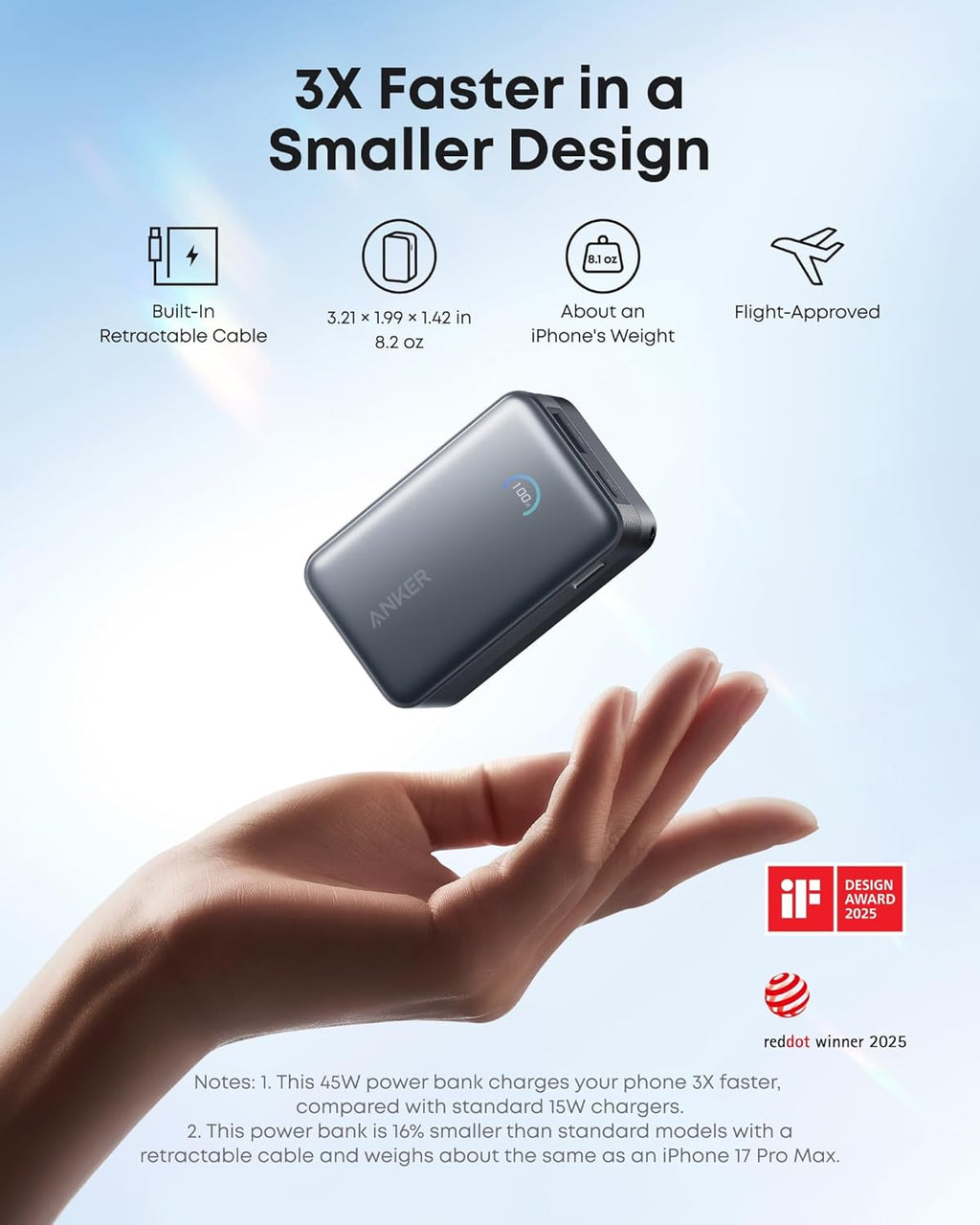 Batería externa Anker Nano (10K, 45W, cable USB-C retráctil integrado)