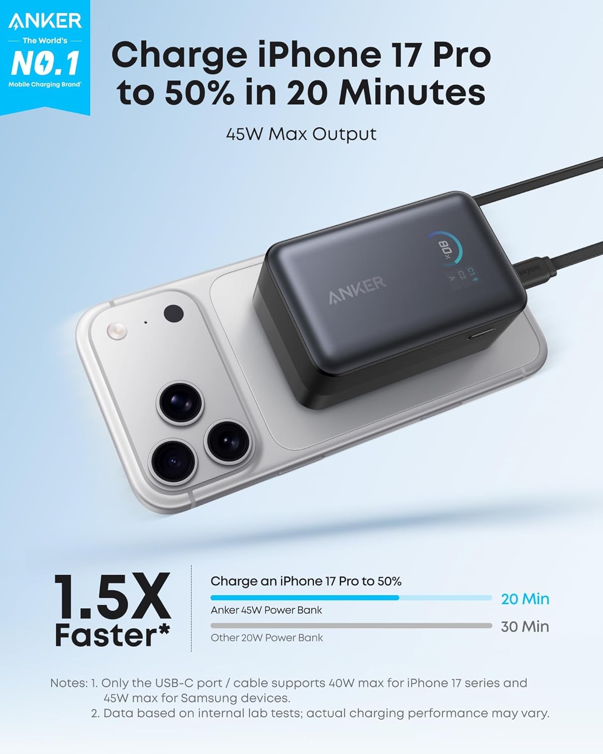 Batería externa Anker Nano (10K, 45W, cable USB-C retráctil integrado)