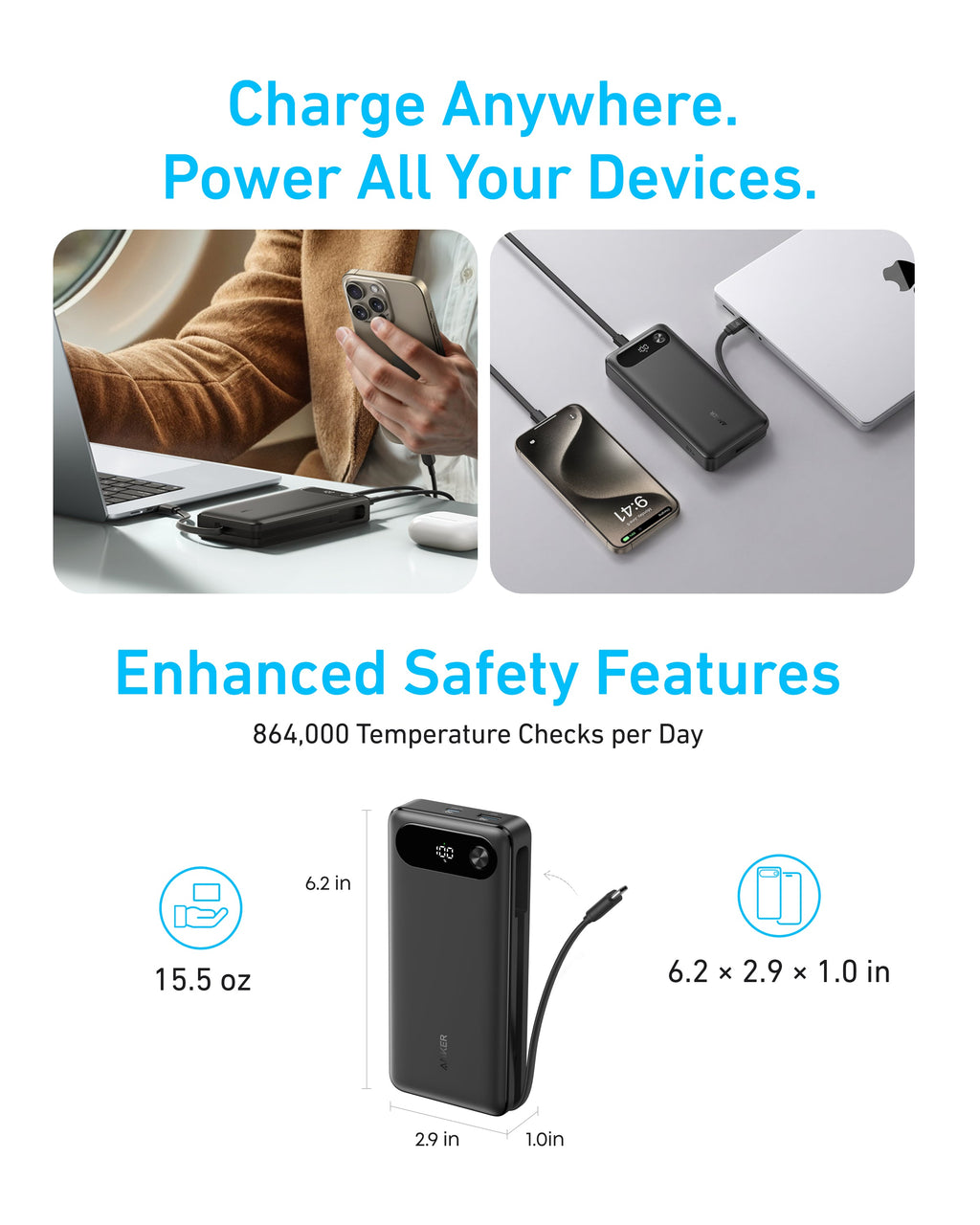 Batería externa Anker (20 000 mAh, 87 W, cable USB-C integrado)