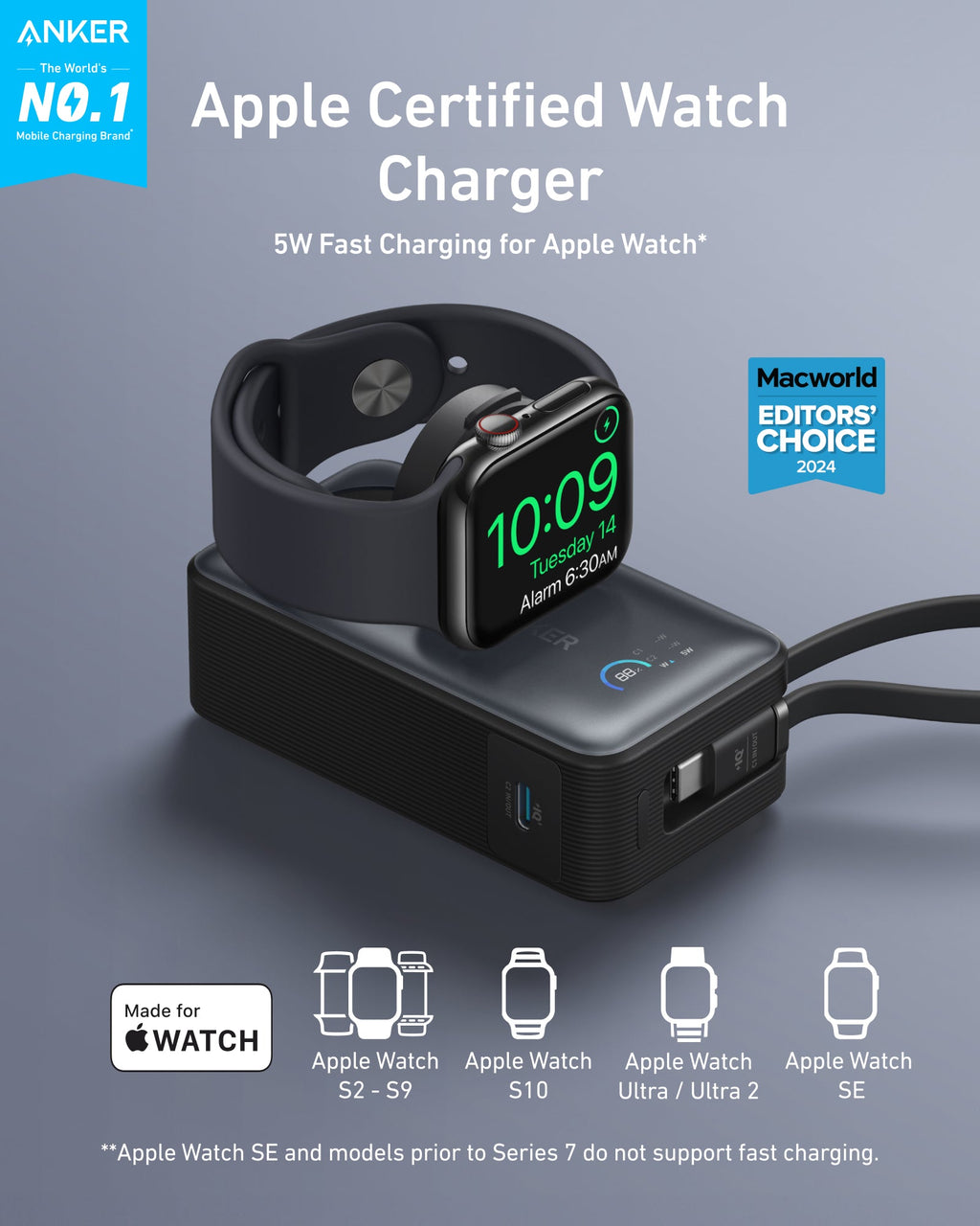 Batería externa Anker MagGo (10K, 35W, para Apple Watch)