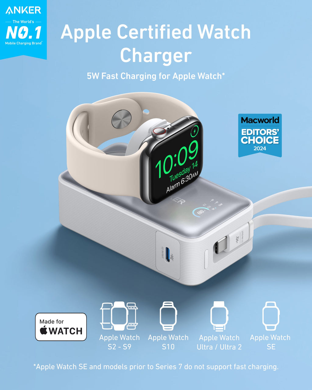 Batería externa Anker MagGo (10K, 35W, para Apple Watch)