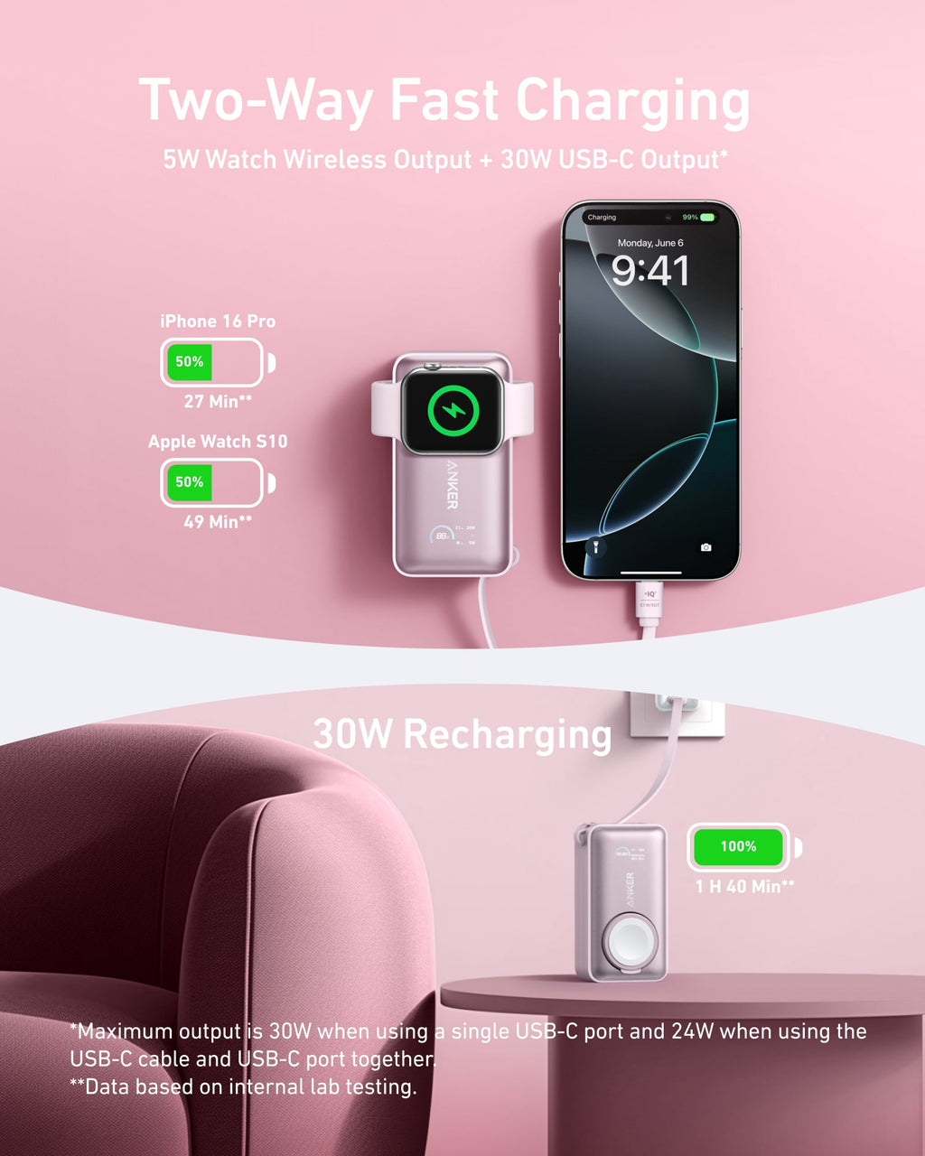 Batería externa Anker MagGo (10K, 35W, para Apple Watch)