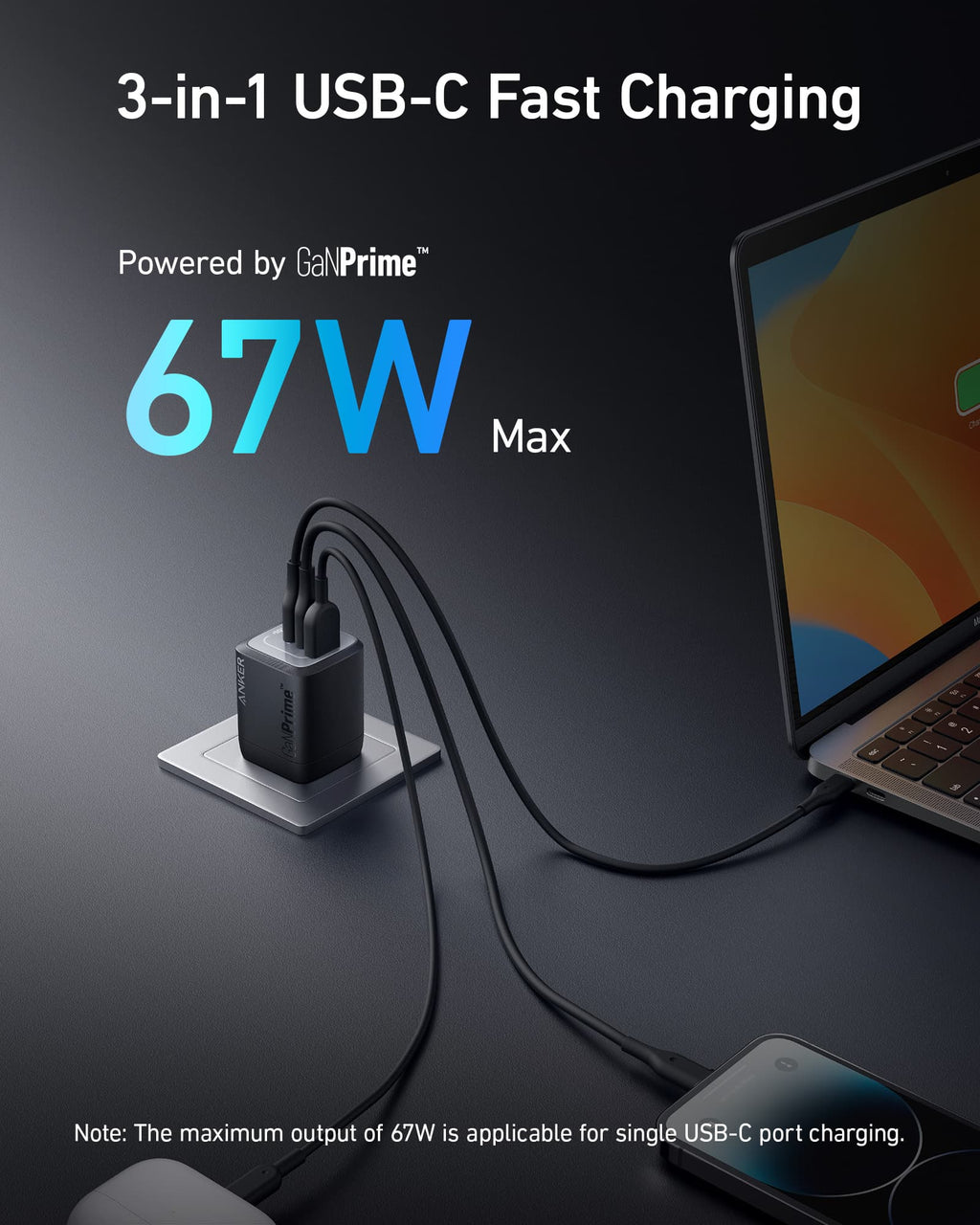 Cargador de pared GaN Anker Prime de 67 W (3 puertos)
