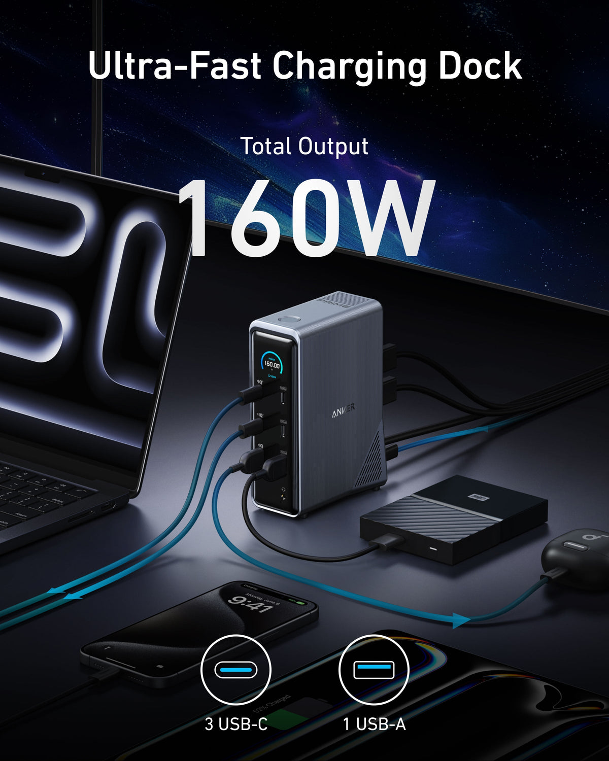Estación de acoplamiento de carga Anker Prime (14 en 1, doble pantalla, 160 W)