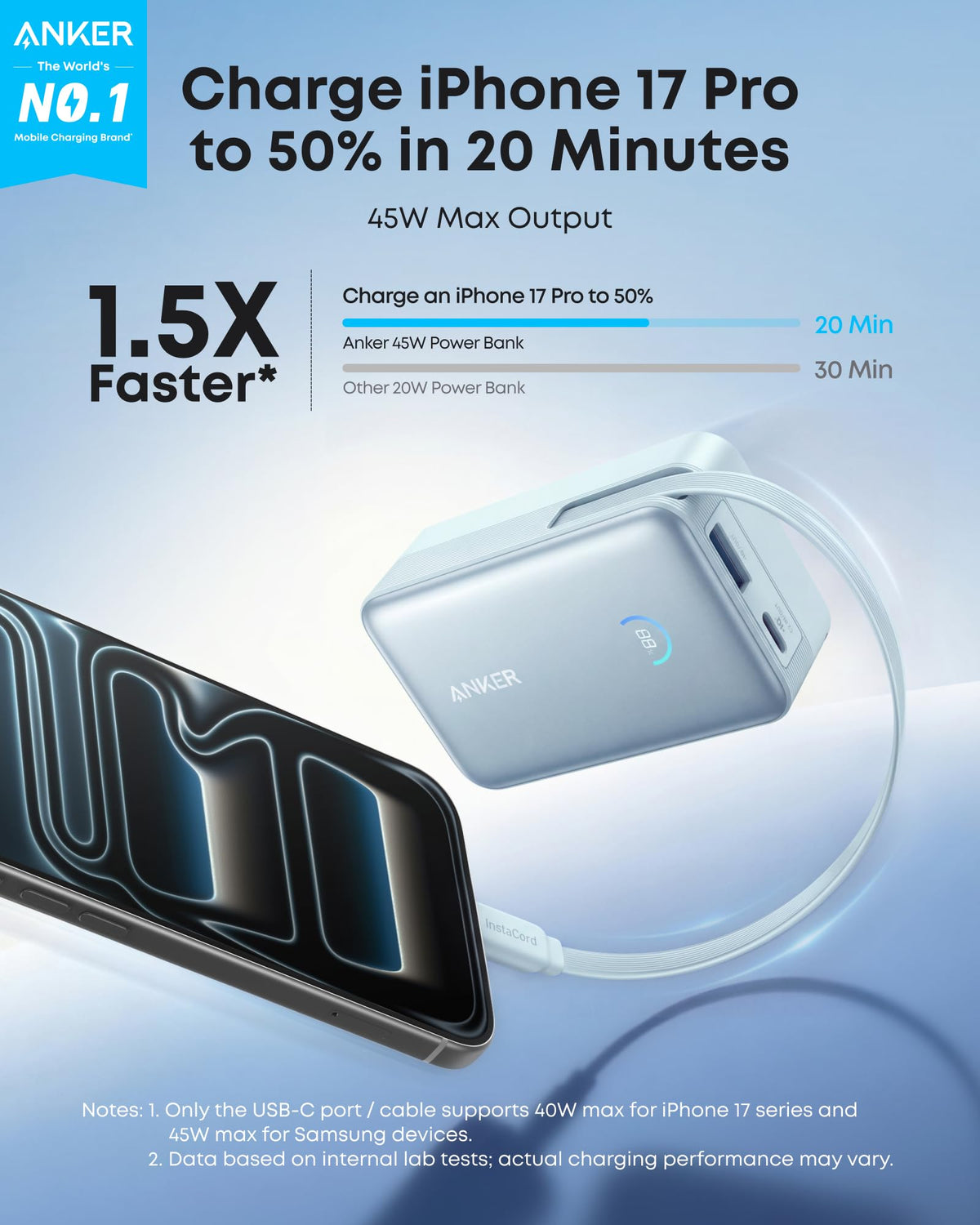 Batería externa Anker Nano (10K, 45W, cable USB-C retráctil integrado)