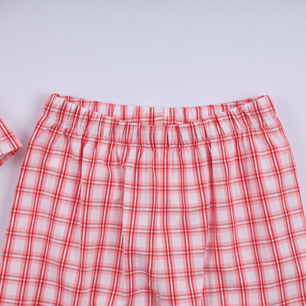 Red christmas santa claus hand smocked plaid ruffle pants set
