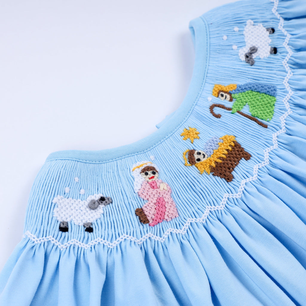 Blue nativity hand smocked bloomer set