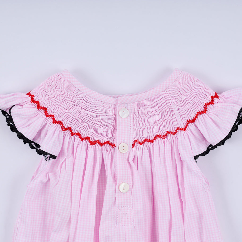 Red character hand smocked plaid ruffle bubble