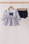 Navy Floral Bow Smocked Bloomer Set