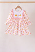 Pink pumpkin bow embroidery ruffle dress