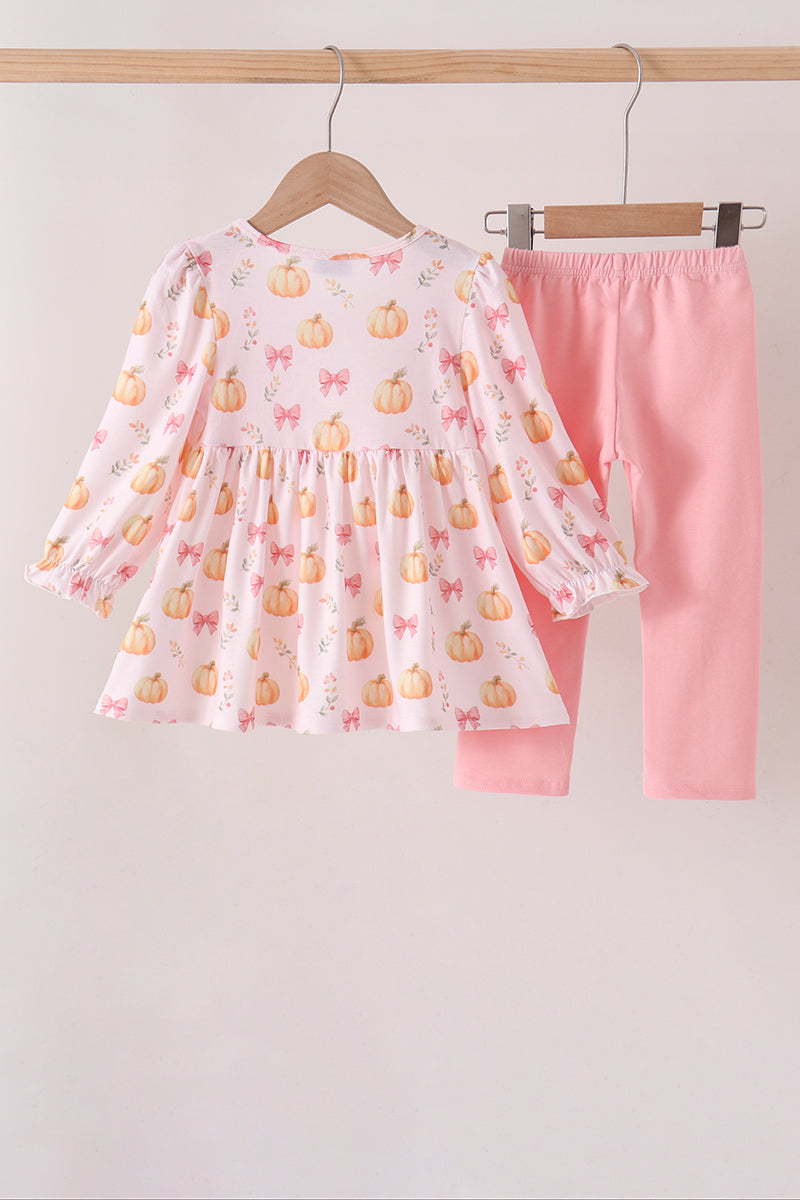 Pink pumpkin bow embroidery ruffle pants set