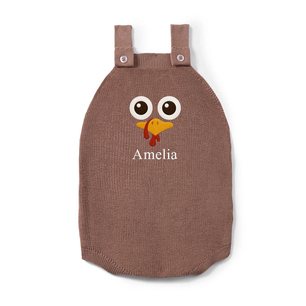 Personalized Turkey Thanksgiving Name Knit Button Strap Romper