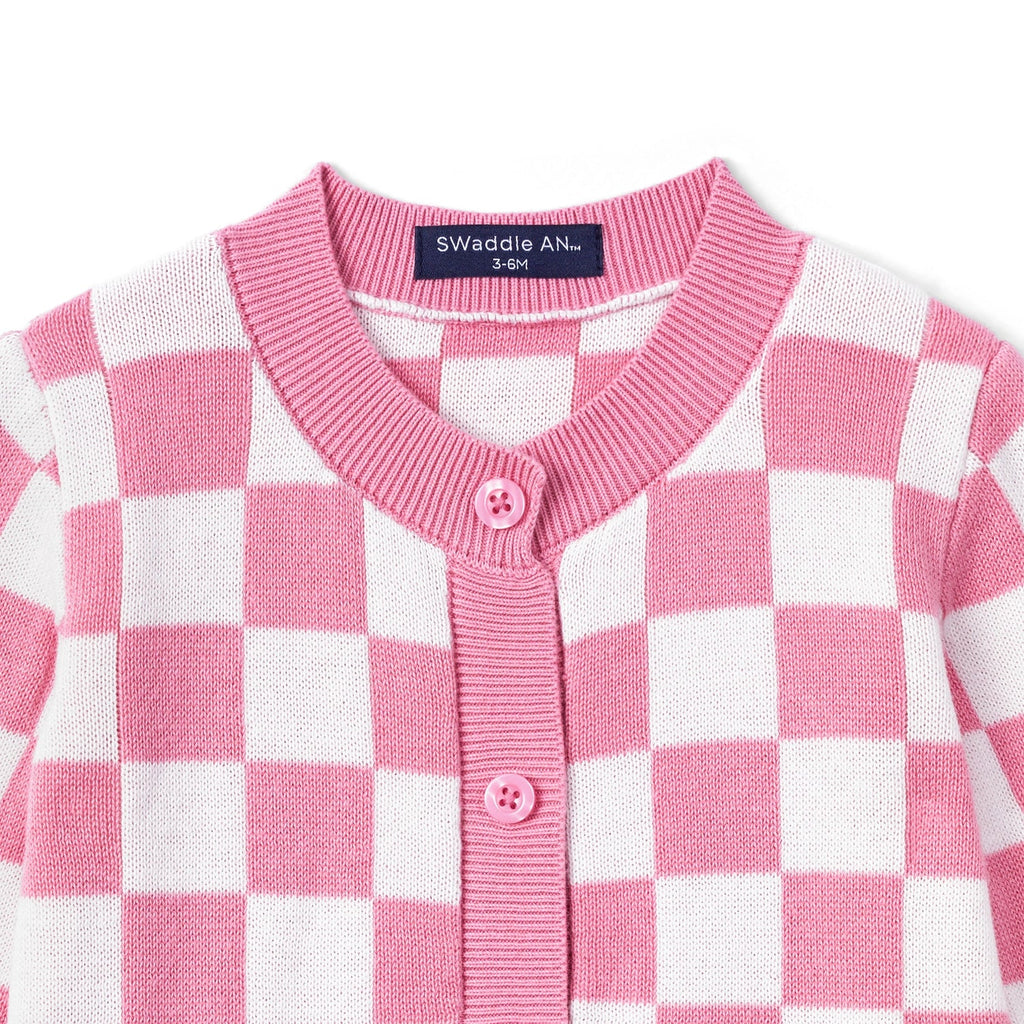Pink Checker Baby Knit Button Romper