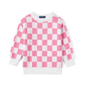 Pink Checker Knit Long Sleeve Crewneck Sweater