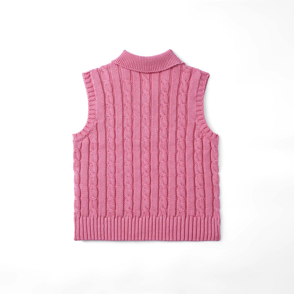 Cable Knit Sleeveless Polo Shirt in Rose Pink
