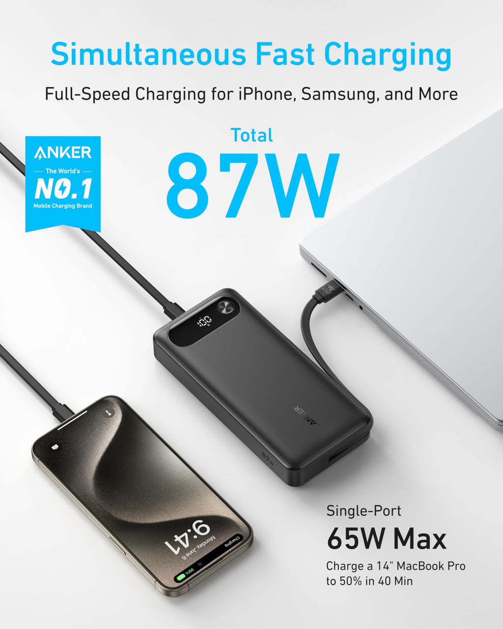 Batería externa Anker (20 000 mAh, 87 W, cable USB-C integrado)