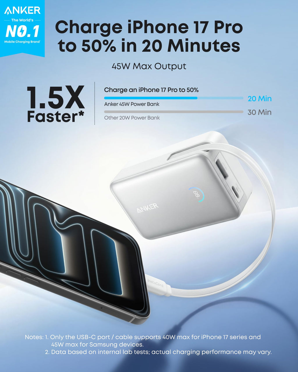 Batería externa Anker Nano (10K, 45W, cable USB-C retráctil integrado)