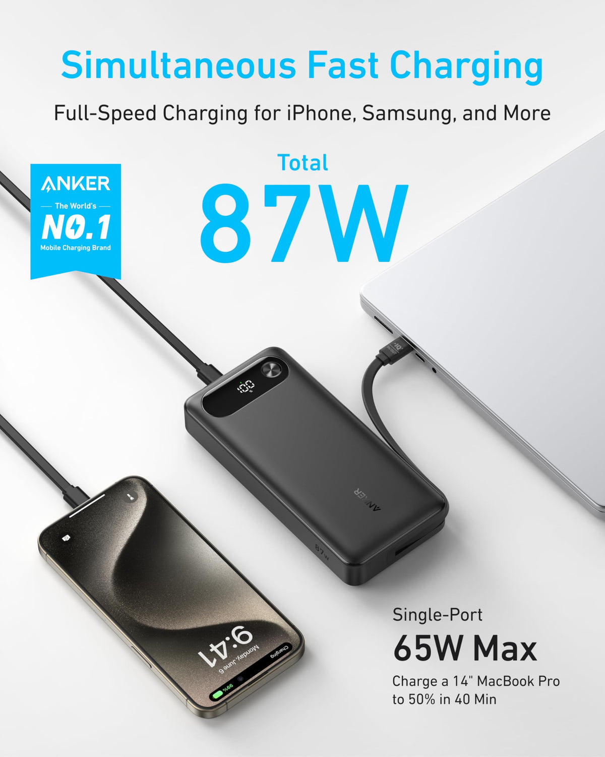 Batería externa Anker (20 000 mAh, 87 W, cable USB-C integrado)