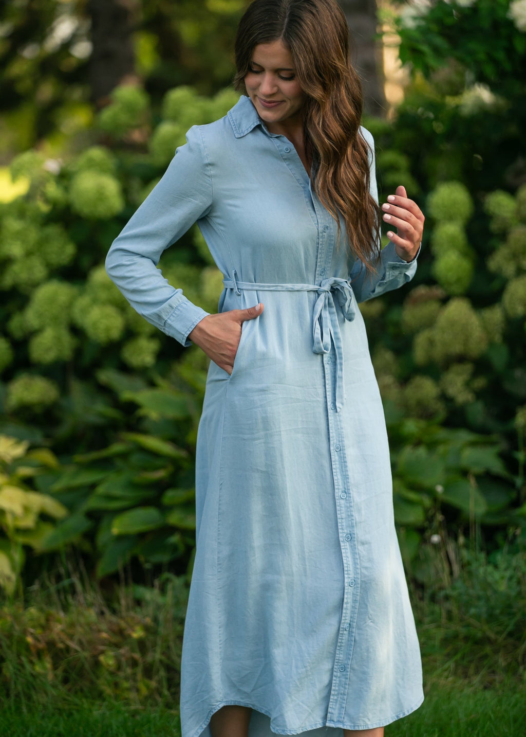 Vestido de manga larga Chambray color avellana