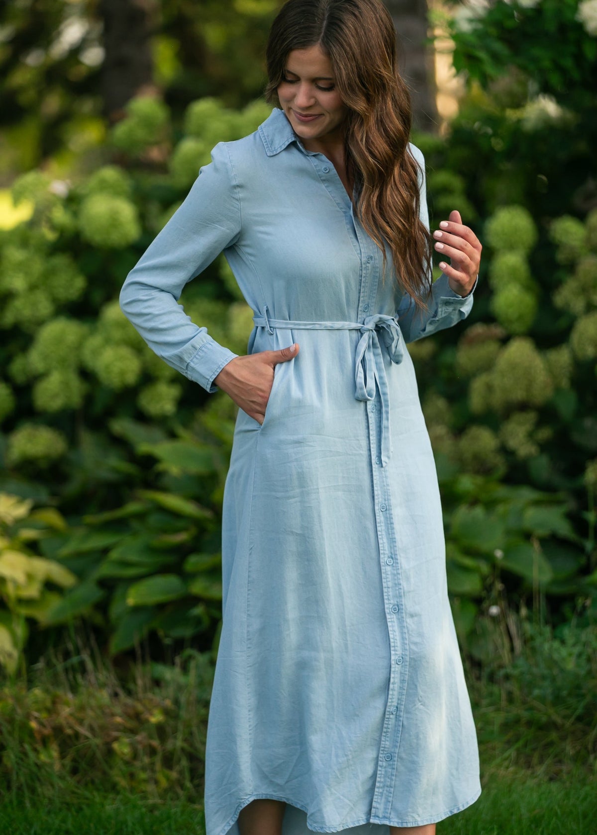 Vestido de manga larga Chambray color avellana