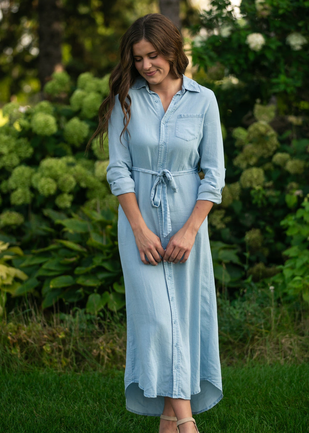 Vestido de manga larga Chambray color avellana