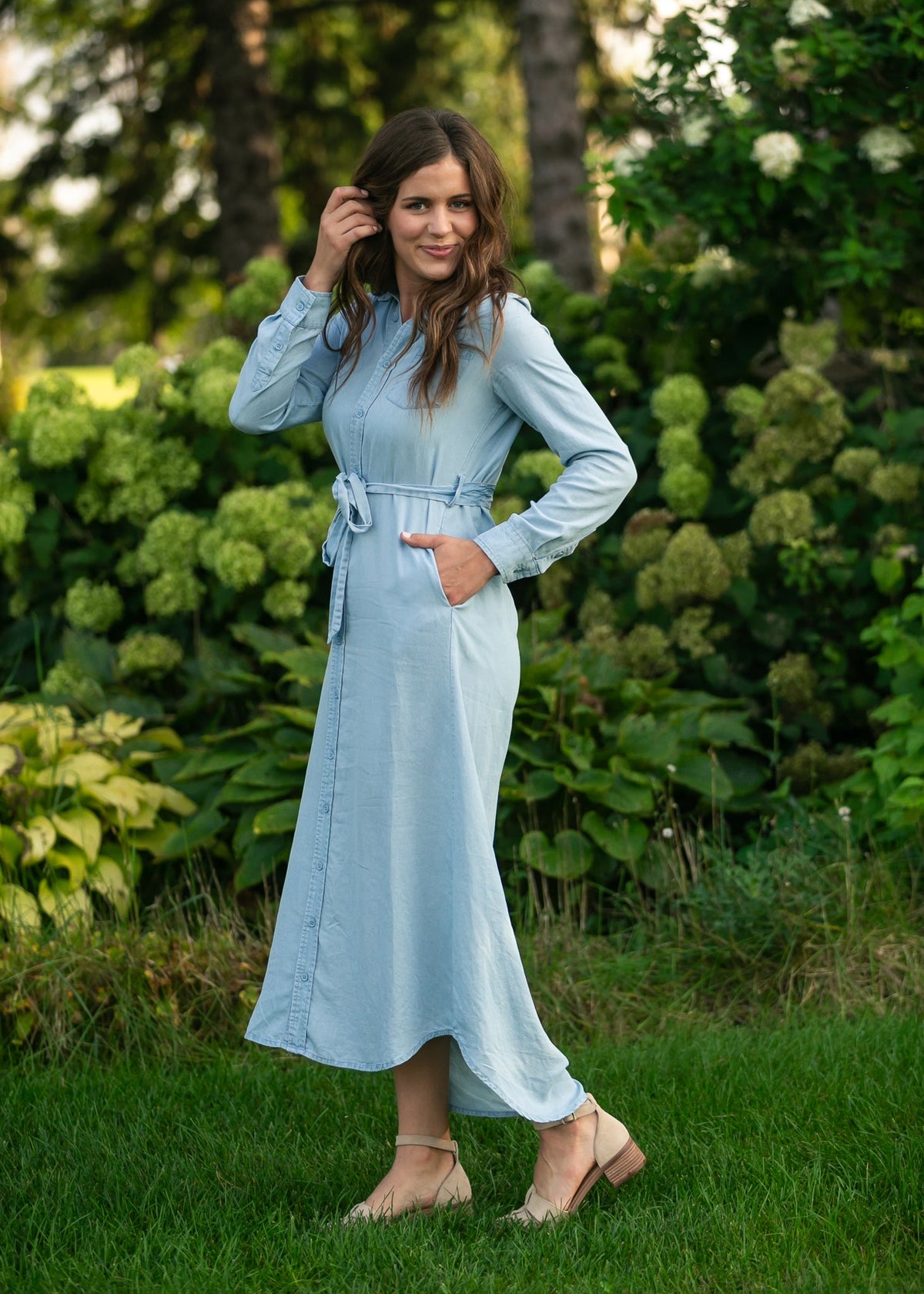 Vestido de manga larga Chambray color avellana