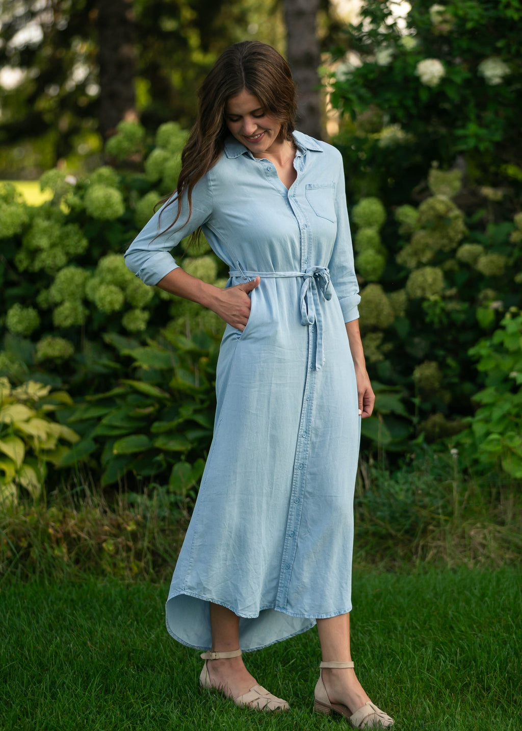 Vestido de manga larga Chambray color avellana