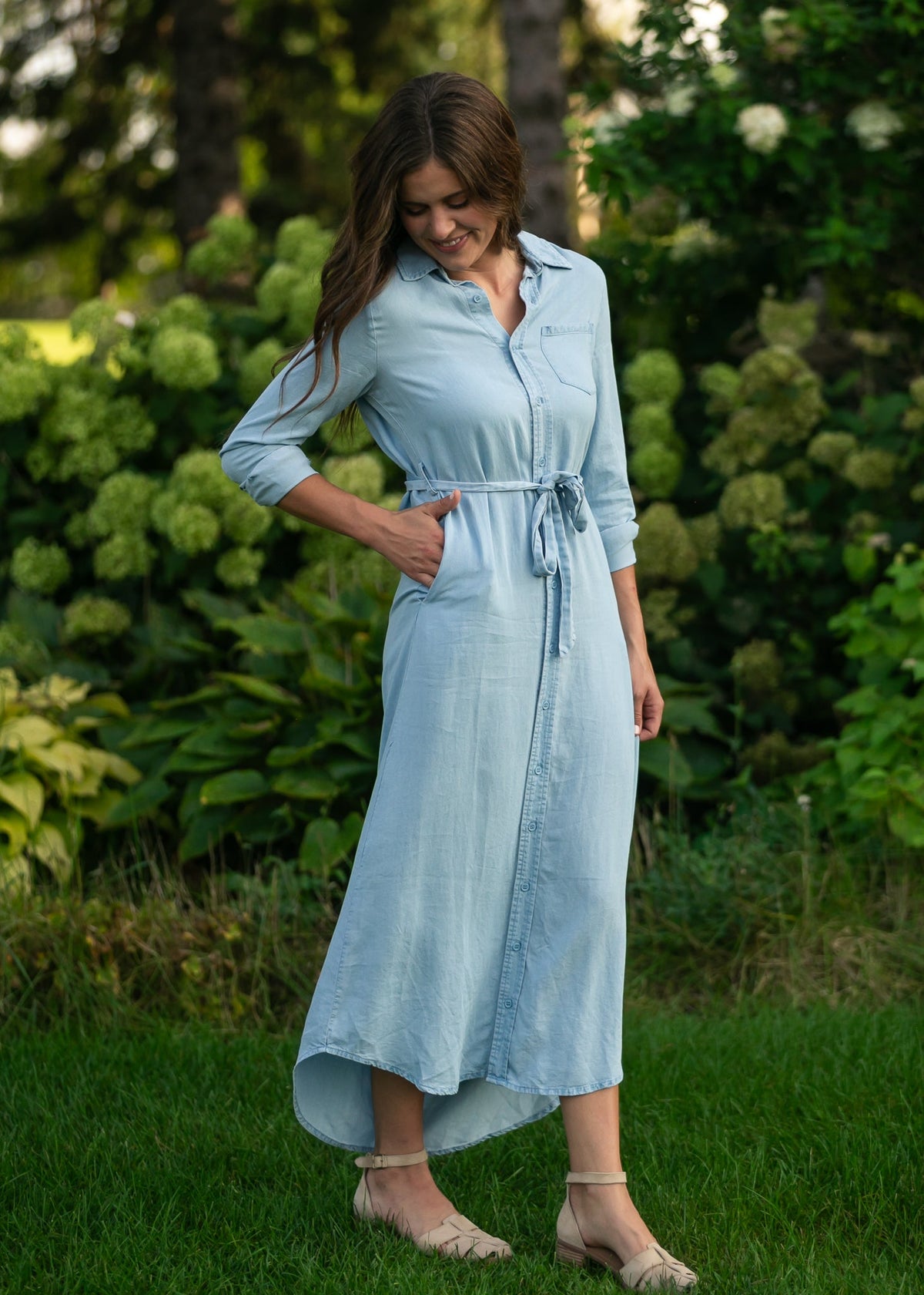 Vestido de manga larga Chambray color avellana