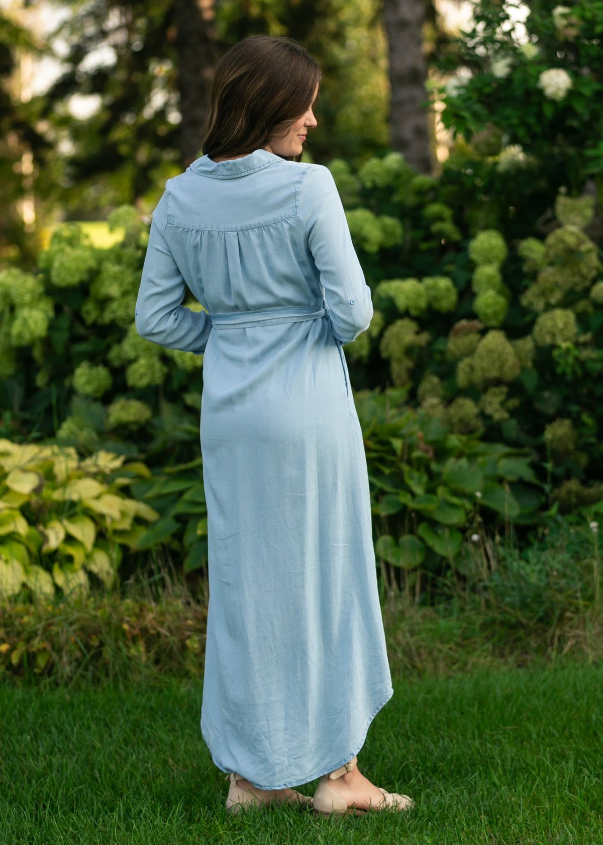 Vestido de manga larga Chambray color avellana