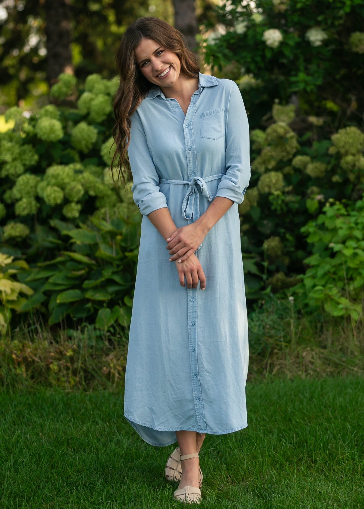 Vestido de manga larga Chambray color avellana