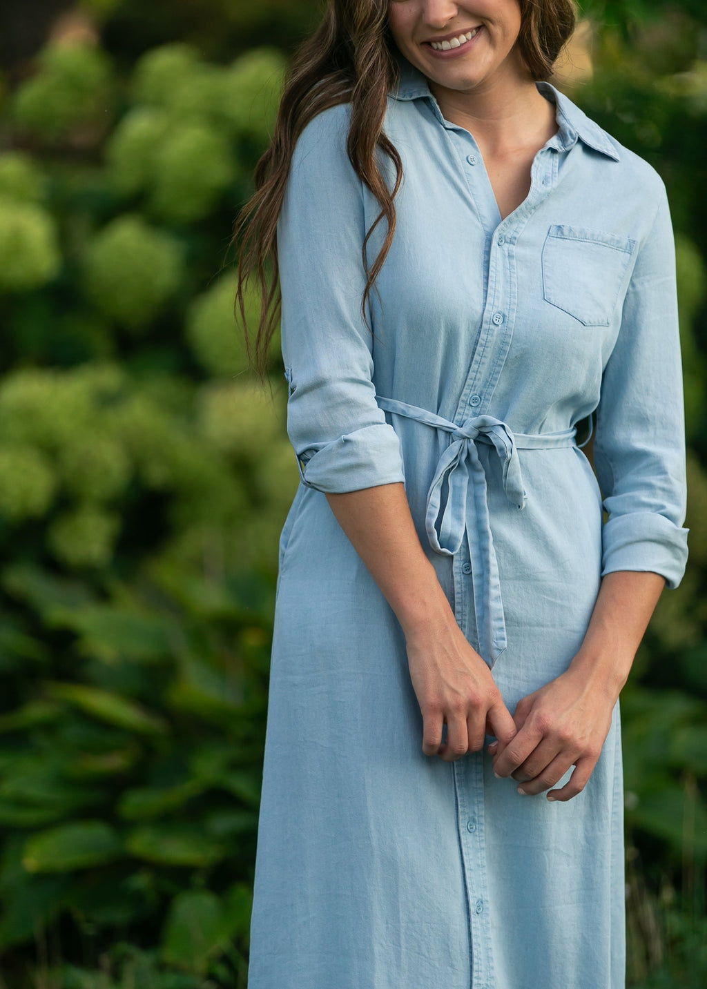 Vestido de manga larga Chambray color avellana