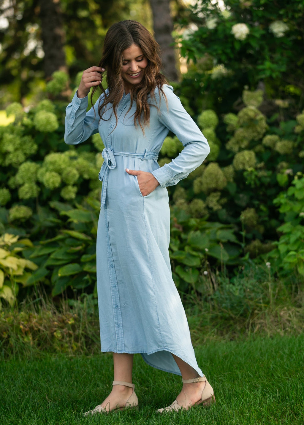 Vestido de manga larga Chambray color avellana
